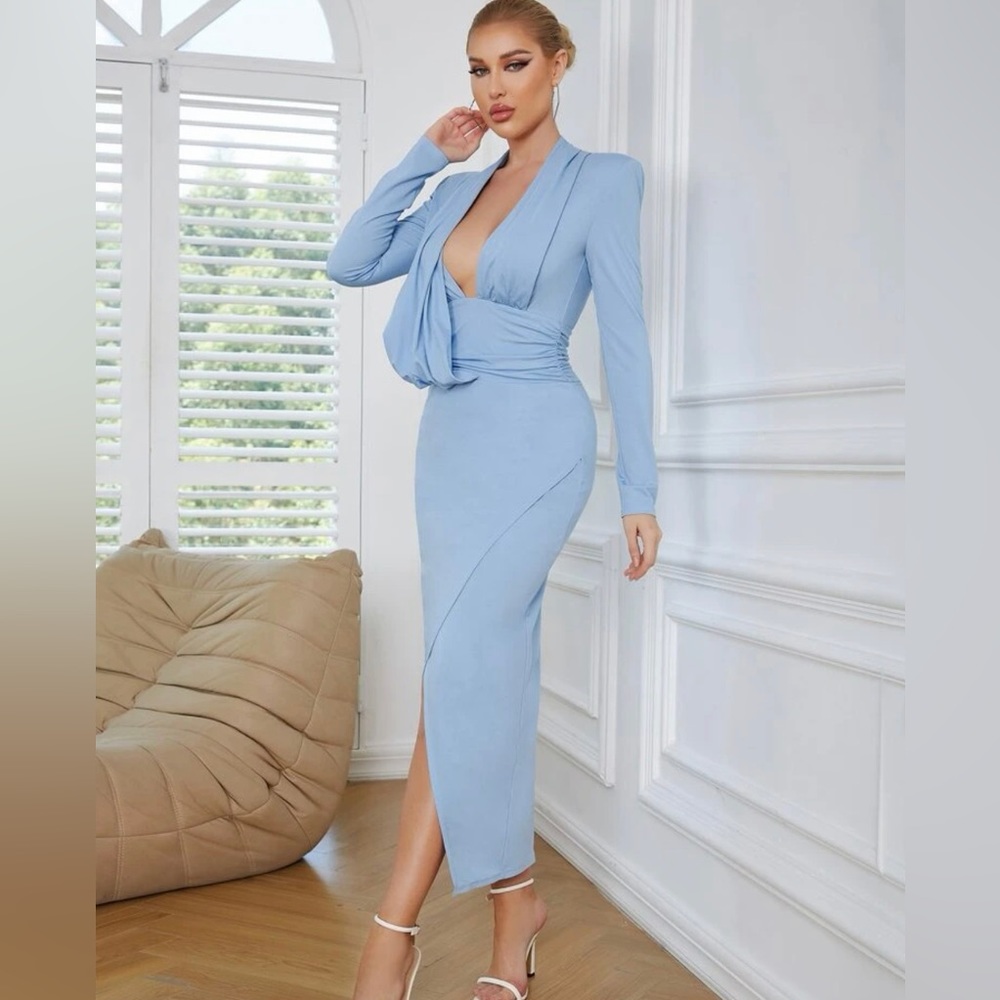 SHEIN Blue Plunging Neck Draped Wrap Hem Dress Size 6